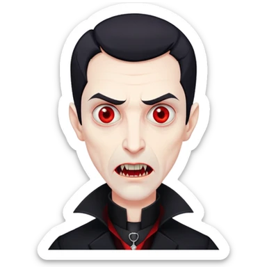 Nam 50 tuổi, mắt đỏ, da trắng, tóc ngắn màu đen, có răng nanh, mặt hơi đáng sợ như ma cà rồng, áo măng tô cổ cao màu đen sticker