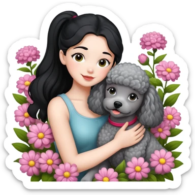 A beautiful girl with black ponytail happily hugs a gray poodle in the flowers sticker