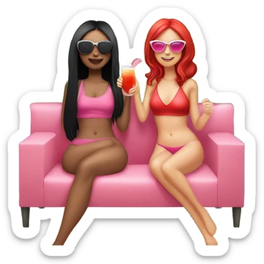 Two girls. One of them with long black hair, sunglasses on, red swimming suit, another one is short red hair, pink swimming suit, both drink cocktails and laying on the outdoor couch. Both a white skin sticker
