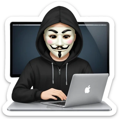 guy fawkes mask black hoodie typing on macbook sticker