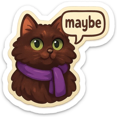 Fluffy dark-brown cat with green eyes and a purple scarf saying ‘maybe’ (with a speech bubble) sticker