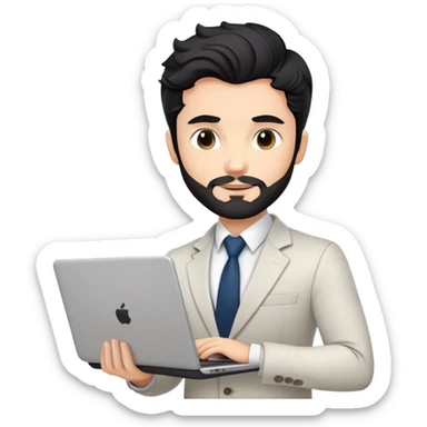 Professional 35-year-old man with black wavy hair, stubble, strong jawline, white skin tone, wearing smart casual business attire, holding a laptop, with a confident approachable expression sticker