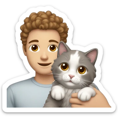 White man with brown curly hair, brown eyes, thick eyebrows, sharp jawline, bigger nose holding white and grey Ragdoll cat sticker