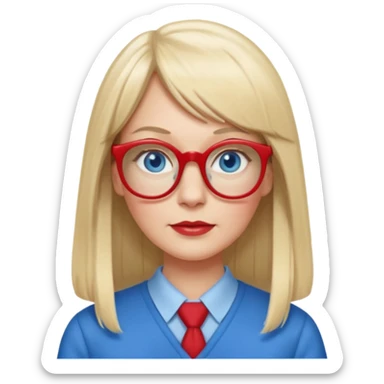 45 yr old white woman, pale skin, long straight blond hair parted in center, blue eyes, bangs, clothes for school, big red glasses sticker