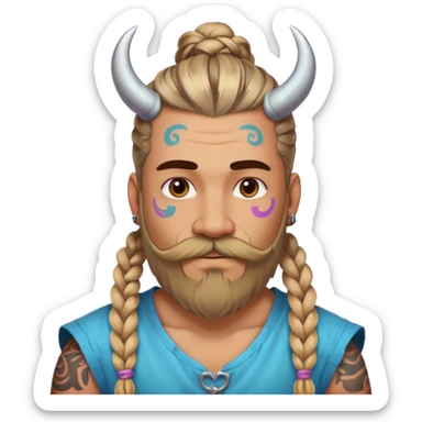 big lose braids starting from the top sides of the head hair like a unicorn man with mustache face wiith big visible loose only two braids and lots and lots of colored face tattoos colored tattoos like a tattoo artist hair unique color and beard viking  sticker