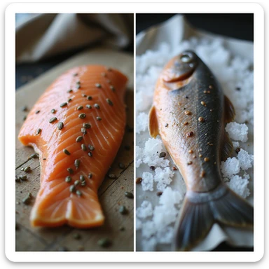 educational image showing on the left raw salmon with visible parasites, on the right the same salmon after blast chilling with parasites neutralized, realistic 4K style sticker