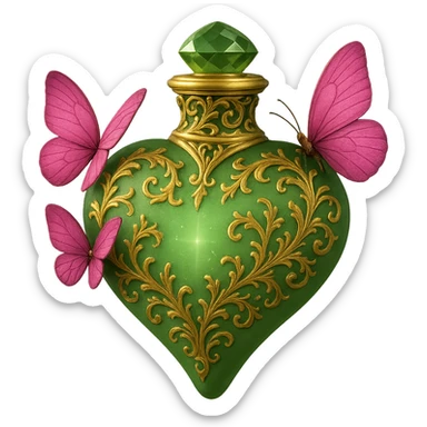 Enhance the green bottle with gold details and pink butterflies in a matte glass style. Keep the overall shape and colors, making the design cleaner and more elegant, with sharper and more detailed features. sticker
