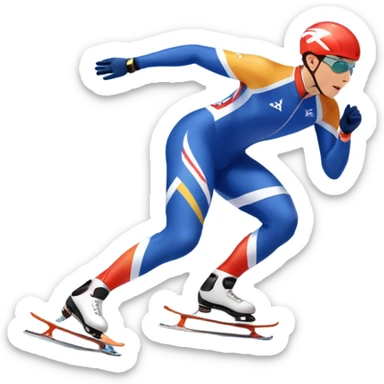 An icon showing a speed skater gliding on a professional oval ice track, captured in mid-motion with aerodynamic posture and sleek skates. The background features snowy mountains, flags, and a clear blue sky. Transparent background reflects the speed and elegance of the sport. sticker