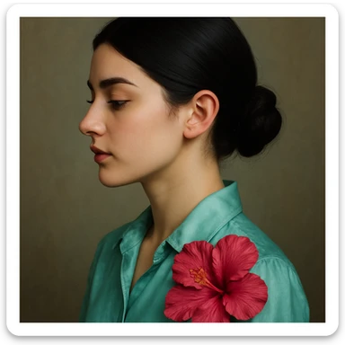 portrait of a black-haired girl with a neat low bun and side hair, face in profile, wearing a light sea blue silk shirt, adorned with a dark pink hibiscus flower sticker