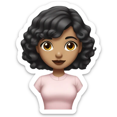 A South Asian girl with pale skin, black wavy short hair and pale pink lips sticker
