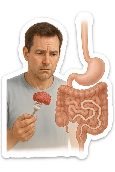 A realistic, high-quality medical illustration showing a concerned man in his early 40s holding a piece of raw beef tartare on a fork, looking at it with a worried expression. Behind him, a transparent overlay of his digestive system reveals the presence of Taenia saginata (beef tapeworm), depicted as a long, segmented white worm inside his intestines, symbolizing the infection. The environment is a kitchen with bright but neutral lighting, creating a serious educational tone. Subtle anatomical highlights and clean medical graphics convey the concept of parasite transmission through undercooked beef, emphasizing food safety and health awareness. sticker