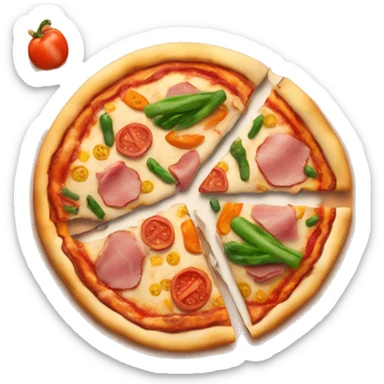 Pizza with vegetables, ham, chicken and hot sauce sticker