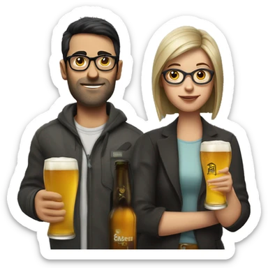 Man with straight short hair with glasses and stub. Woman with straight dark hair with glasses with beers in hand in Berlin  sticker