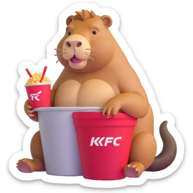 Muscular capybara with bulging muscles sitting in a KFC bucket sticker