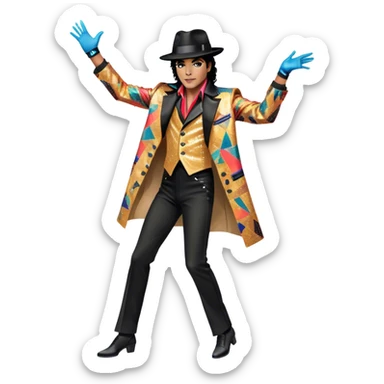 Icon for R&B Music: Michael Jackson in full body, wearing a bright, recognizable costume—sparkling jacket, black fedora, and signature glove. He is in a dynamic, energetic pose, with musical notes and abstract patterns surrounding him. Transparent background. sticker