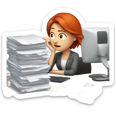 red hair woman frustrated desk monitor stack paper sticker
