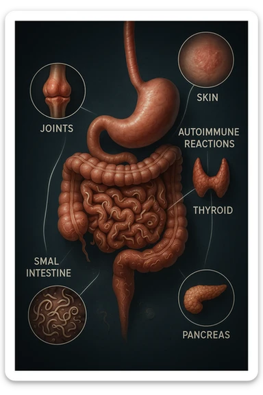 Create a vertical, detailed and realistic depiction of the human digestive system with intestinal parasites, and visual links to autoimmune reactions in specific organs such as joints, skin, thyroid, pancreas, and intestines. Use cinematic clinical lighting and maintain a 2:3 aspect ratio. sticker