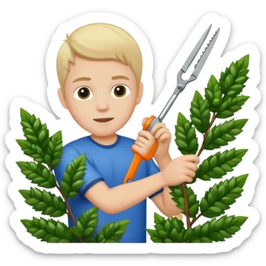 white kid trimming a decorative bush sticker
