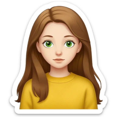please create an emoji of a semi pale girl with long brown hair, green eyes, wearing a yellow sweater sticker