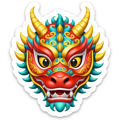 A dragon dance mask painted in bright festival colors. sticker