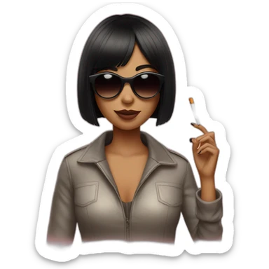girl with black bob hair with bangs and sunglasses who is holding a cigarette sticker