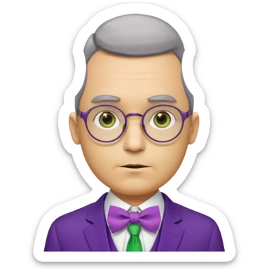 yellow-skinned man with neatly parted brown-gray hair, thick rectangular eyebrows, large round eyes behind thin glasses, a pointed nose, and a green suit with a white collar and purple bow tie. sticker