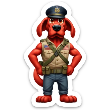 Desert storm humanoid Clifford the big red dog muscled with tattoos on arms book illustration as a military call of duty character standing alone sticker