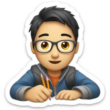 An Asian student doing homework sticker