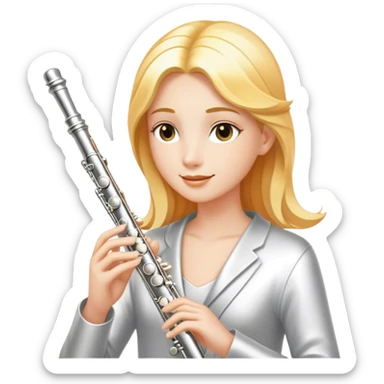 Cinematic Realistic Flute, polished silver metal with precise keywork, warm golden reflections dancing along its surface, soft hands carefully positioned over the keys, glowing with an elegant and airy charm. sticker