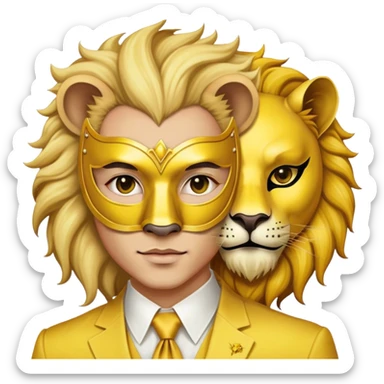 a man, with a Yellow suit,  wear half-face golden Lion masquerade mask sticker