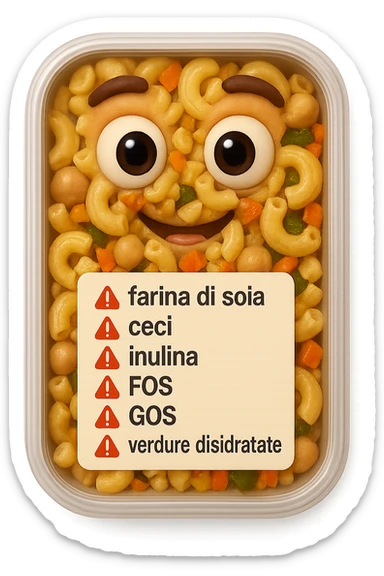 SU QUESTO STILE FAI UN EMOJI STILE IPHONE 3D DI UN insalata di pasta precotta preconfezionata con ETICHETTA CON GLI INGREDIENTI SCRITTI, "farina di soia, ceci, inulina, FOS, GOS, verdure disidratate" accanto ad ogni nome scritto mettici un segnale di allarme, FALLO MOLTO REALISTICO IN 3D sticker