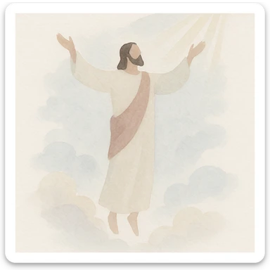 Ascension Day, Jesus ascending into the sky with clouds and rays of light, peaceful and uplifting, watercolor art style sticker