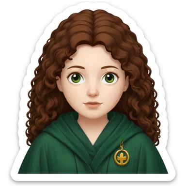 A white woman, a little heavier face, with long dark auburn hair robed and hooded like she's a Traitor in the tv show The Traitors. her hair is slightly curly, but kinda frizzy, not with defined curls, and the robe is a very dark green color sticker