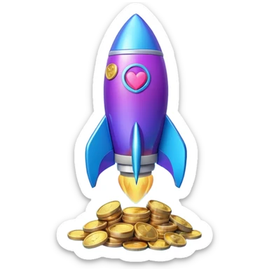 3D rocket with coins and hearts, purple blue gradient, glossy, transparent background sticker