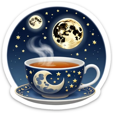 A cup of tea with a moon in it and on the cup sticker