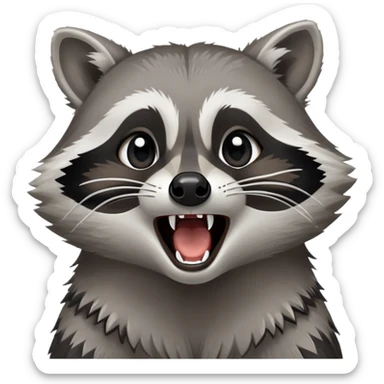 Cinematic-Noble- Yawning Raccoon-Portrait-Emoji – Poised and confident, wide-open yawn, revealing a soft grey with a sturdy build and a beautifully textured fur of silver-grey accented by dark black facial markings, deep-set, big black eyes, simplified yet sharp and sophisticated zoom out to show shoulders sticker