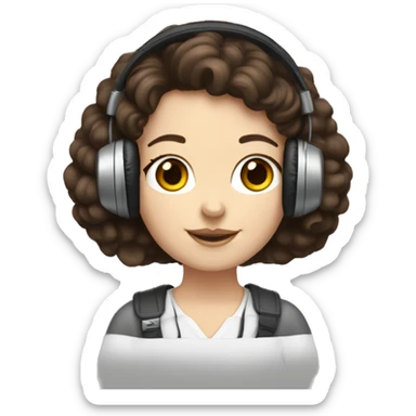 White girl, dark hair in headphones with brown poodle sticker