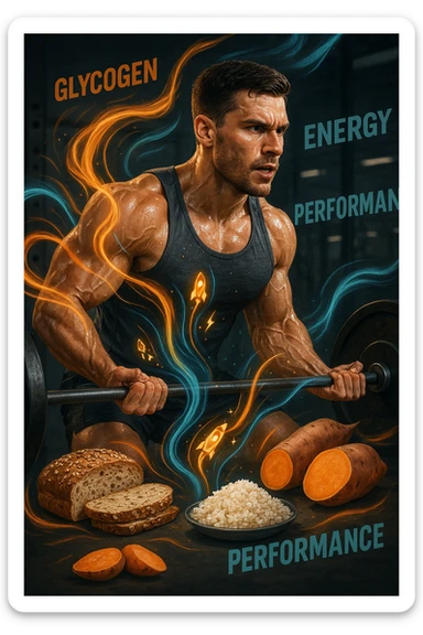 Uomo atletico di circa 30 anni durante un allenamento intenso in palestra, con muscoli ben definiti e sudati. Intorno a lui si visualizzano flussi energetici colorati che partono da fonti di carboidrati (pane integrale, riso, patate dolci) e si dirigono verso i suoi muscoli. I muscoli appaiono attivi, tesi e in pieno sforzo, con piccoli simboli di 'carburante' o energia che entrano nei tessuti. Espressione concentrata e potente. Sullo sfondo, parole come 'glicogeno', 'energia', 'prestazione'. Atmosfera dinamica, intensa e positiva. sticker
