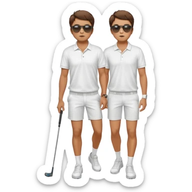 Handsome. Male. Short brown hair. Messy hairstyles. Sunglasses. Sexy pose. Full body. Wearing shorts.white golf shirt. White tekkies. Pool background  sticker