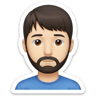 Man with longer dark brown straight hair past ears with bangs, short beard covering whole face, neutral expression, basic blue t-shirt sticker