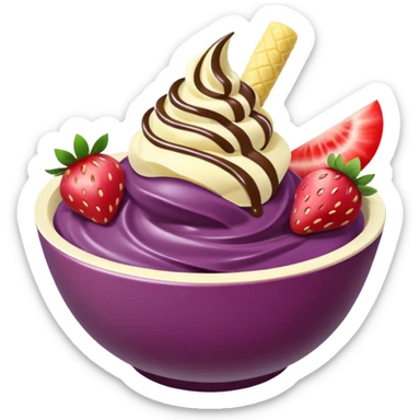 acai purple soft serve in a bowl strawberries and chopped banana sticker