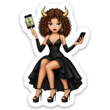 seductress evil brown curly haired sexy drug lord woman with clear glittery platform heels on her feet and devil black long silky sexy cutout dress, wearing black horns on her head, holding a stack of cash, has a phone in  other hand sticker
