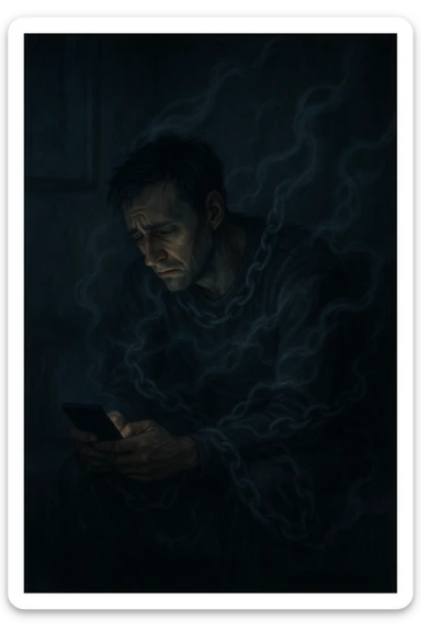a man sits alone in a dimly lit room at night, illuminated only by the glow of a computer or phone screen. His posture is slouched, and his expression is tired and troubled. Around him, faint, ghostly chains or shadows subtly wrap around his body, symbolizing addiction and emotional distress. The background is blurred, emphasizing isolation and discomfort. in italiano sticker