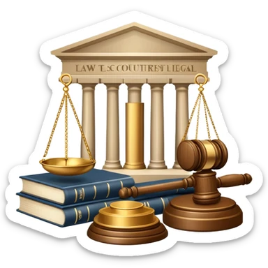 An icon featuring scales of justice, a gavel, and a legal book, symbolizing the study of law. The design includes courthouse pillars in the background, representing authority and legal systems. Transparent background highlights the principles of justice, order, and legal education. sticker