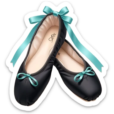 cinematic-realistic-ballet-shoes,-soft-satin-black-pointe-shoes-with-delicate-ribbons,-resting-gently-on-a-polished-wooden-floor,-subtle-creases-in-the-fabric,-glowing-under-the-warm-golden-light-of-a-rehearsal-studio,-evoking-ele sticker