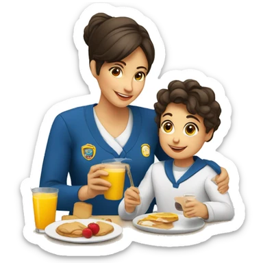 mama e hijo desayunando con uniforme escolar sticker