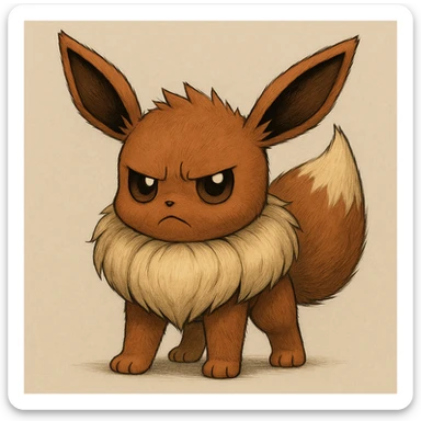 Eevee with a grumpy expression and an intimidating stance, full body, neutral background, detailed fur, Pokémon style sticker
