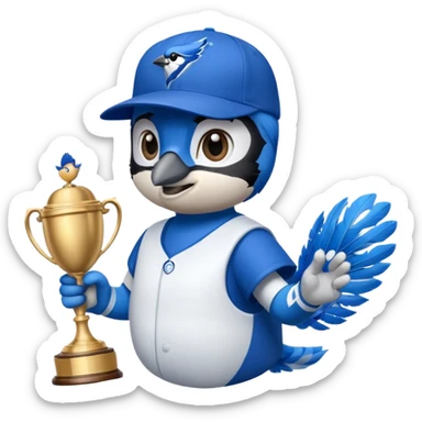 blue jay wearing blue jay baseball hat, holding trophy in left hand sticker