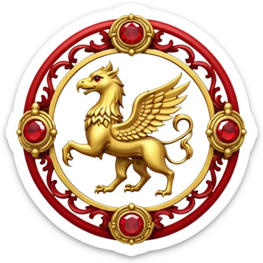 Golden griffin crest / brosch in a circle with red gems and no background sticker