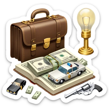 Icon for Action & Crime Reading: an open book with dramatic crime scenes—bullet holes on pages, a detective badge, a revolver, and a getaway car. Surrounding elements include a briefcase with cash and a flickering streetlight. Transparent background. sticker